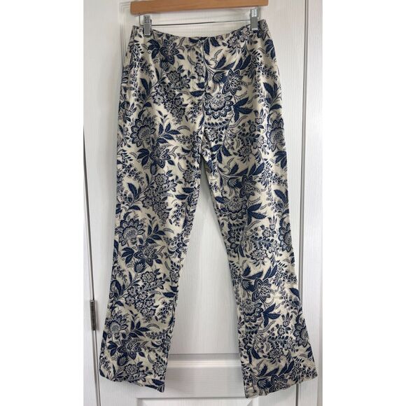 Carolina Blues Women's Beige Navy Blue Floral Pants Cotton Stretch Size 8 - Picture 1 of 10